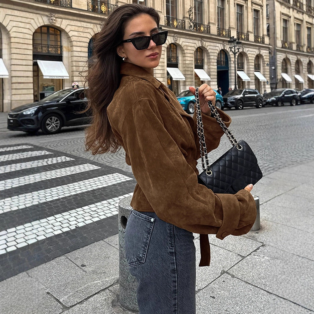 Damen Kurzblouson aus Wildleder‑Look mit Bindegürtel und kastiger Silhouette Shop Nory