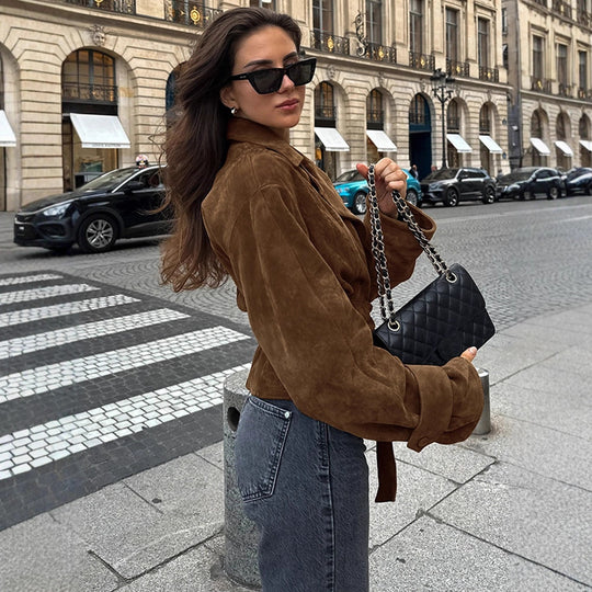 Damen Kurzblouson aus Wildleder‑Look mit Bindegürtel und kastiger Silhouette Shop Nory