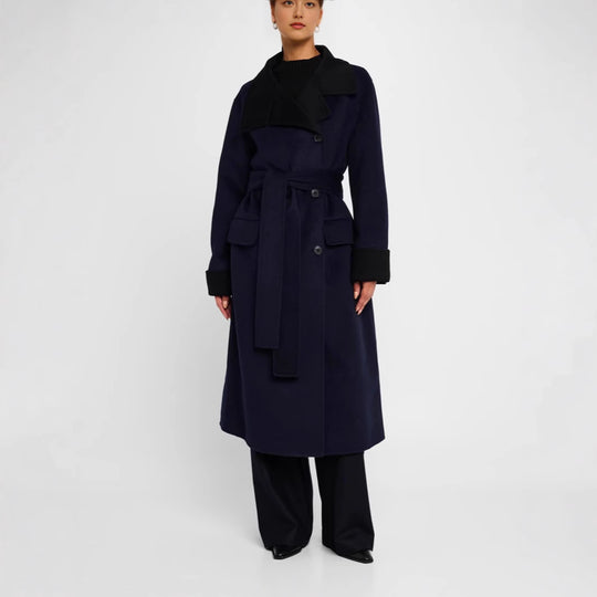Damen Taillierter Wollmix-Mantel mit Bindegürtel, kontrastiertem Revers und Pattentaschen Shop Nory