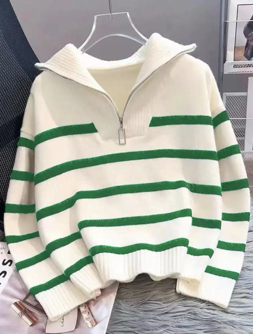 Damen Gestreifter Halb-Reißverschluss Strickpullover mit Rippenkragen Shop Nory