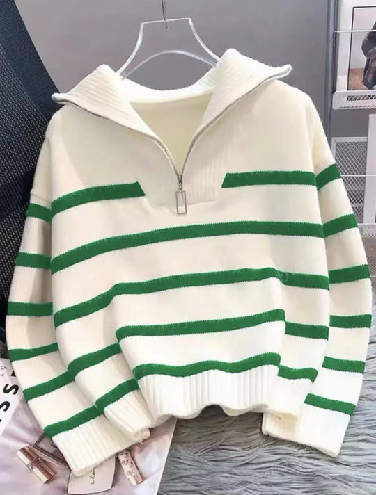 Damen Gestreifter Halb-Reißverschluss Strickpullover mit Rippenkragen Shop Nory