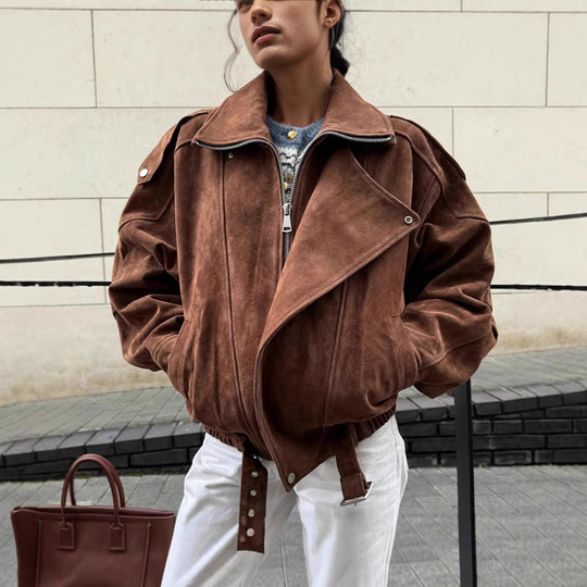 Damen Oversized Veloursleder-Bomberjacke mit Taillengürtel und Schalkragen Shop Nory