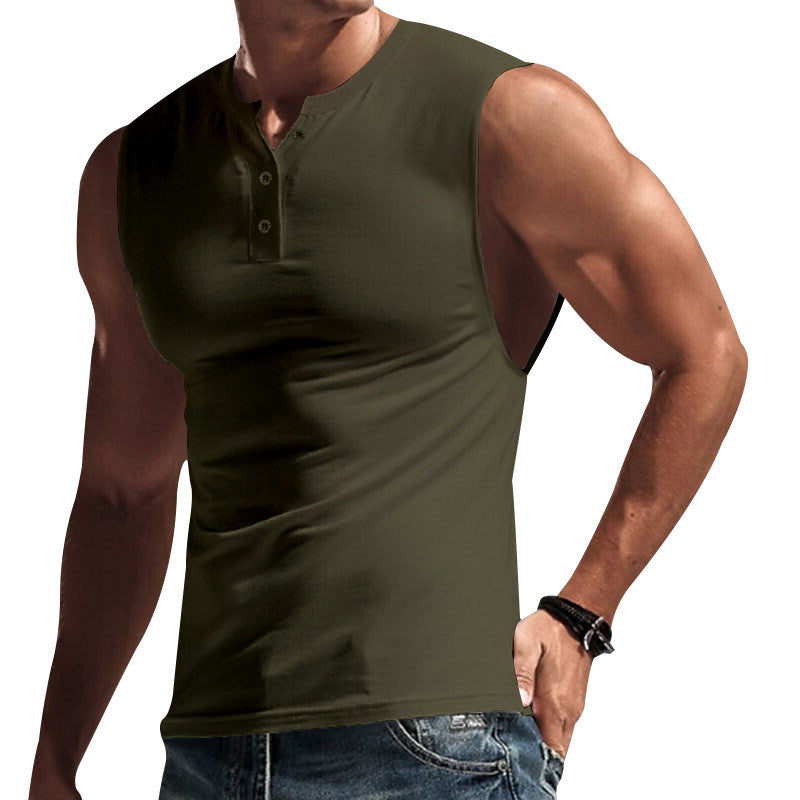 Herren nan ärmelloses Muskelshirt mit Henley-Knopfleiste, tiefem Armausschnitt und elastischem Baumwollmix