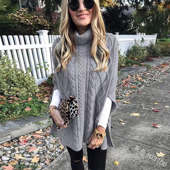 Damen nan kastiger Strickponcho mit hohem Rollkragen, Zopfstruktur und seitlichen Schlitzen Shop Nory