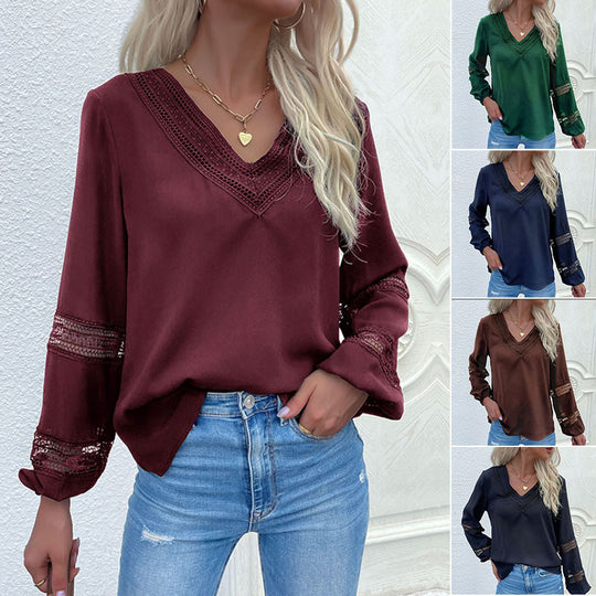 Damen Satinbluse mit V‑Ausschnitt, dekorativer Spitzenpasse und Ärmeln mit Spitzeneinsatz Shop Nory