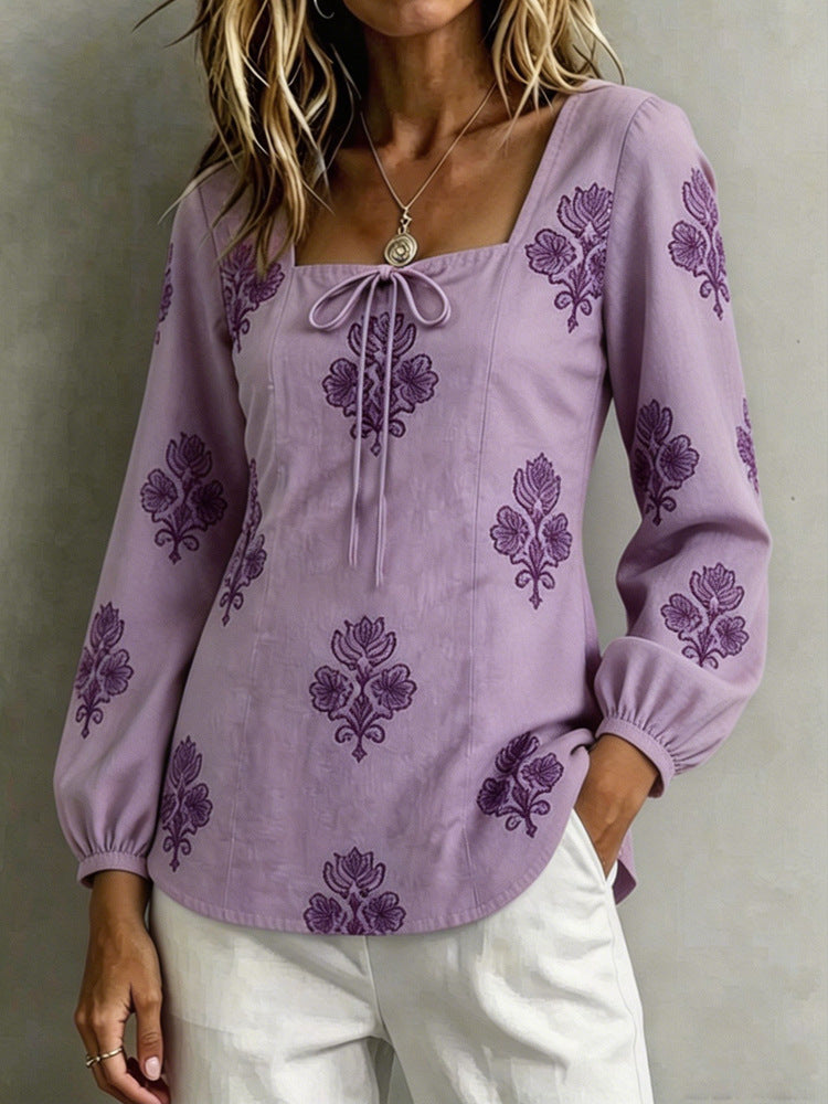 Damen Bestickte Tunika-Bluse mit quadratischem Ausschnitt und femininen Ballonärmeln Shop Nory