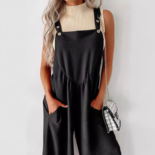 Damen lässiger Jumpsuit mit weit geschnittenem Bein und dekorativen Knopfdetails