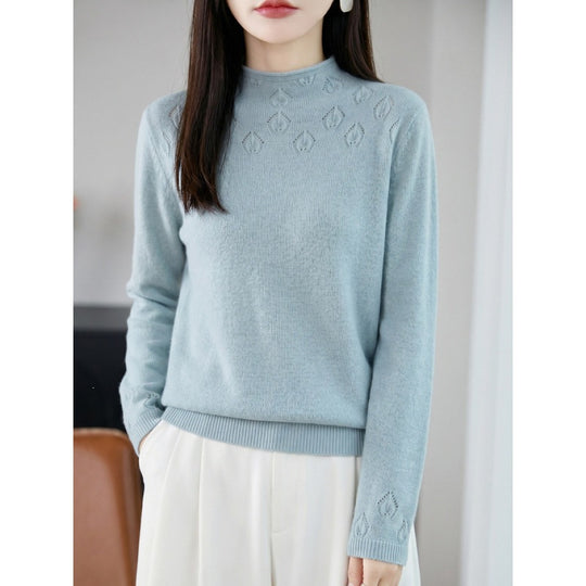 Damen Leichter Stehkragenpullover mit floralem Ajour‑Yoke und feiner Rippkante Shop Nory