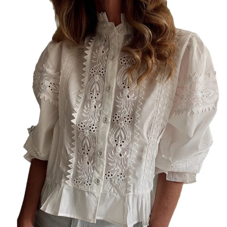 Damen Broderie-Anglaise Bluse mit Stehkragen, Rüschenbund und Ballonärmeln Shop Nory