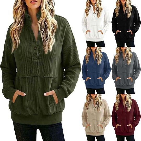 Damen gerippter Henley-Pullover mit Stehkragen und Kängurutasche Shop Nory