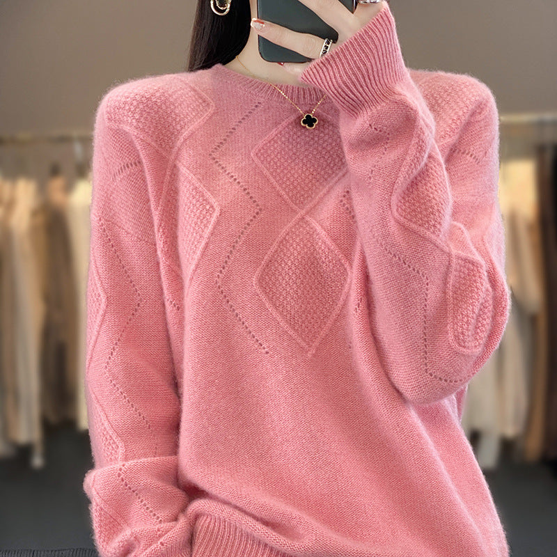 Damen Weicher Rautenmuster-Pullover im Mohair‑Look mit feiner Ajourstruktur und Rundhalsausschnitt Shop Nory