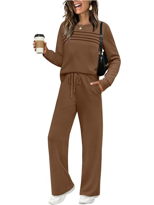 Damen Zweiteiliges Lounge-Set mit Plissee-Detail, Rundhals-Sweatshirt und weitem Kordel-Hose Shop Nory