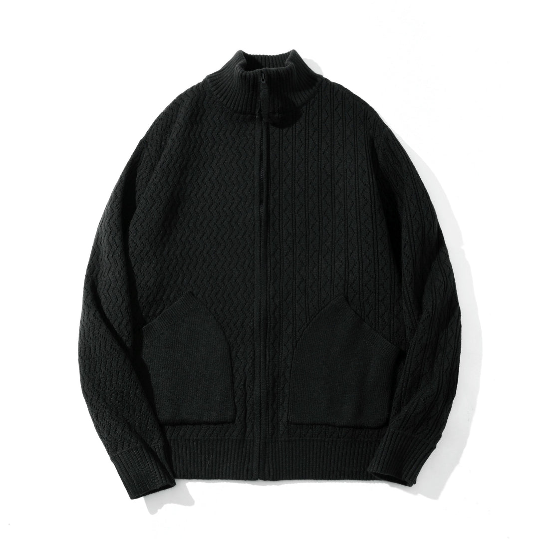 Unisex strukturierte Strick‑Zipjacke mit hohem Rippkragen und Kängurutaschen Shop Nory