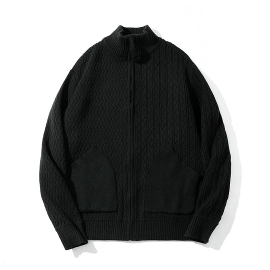 Unisex strukturierte Strick‑Zipjacke mit hohem Rippkragen und Kängurutaschen Shop Nory