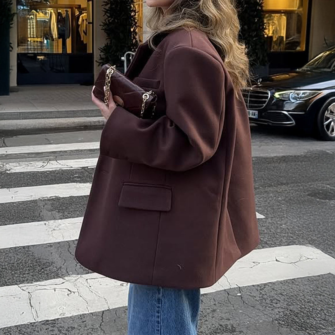 Damen nan oversized Longblazer mit kastigem Schnitt, Reverskragen, gefütterten Pattentaschen und strukturierter Wollmischung Shop Nory