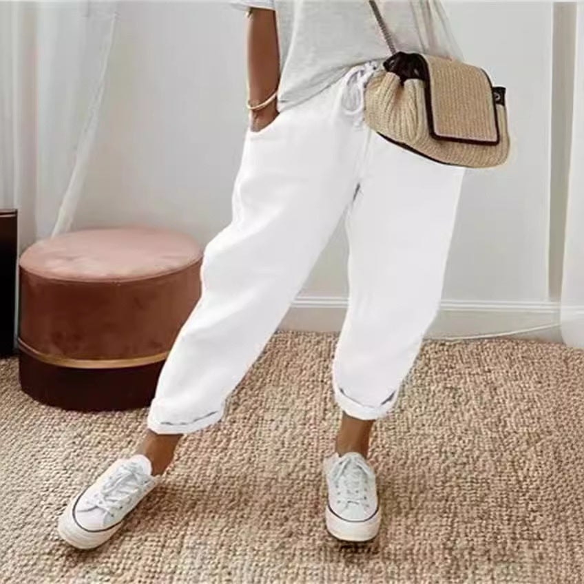 Damen Lässige Leinen-Joggerhose mit hohem Bund, Tunnelzug und gekrempeltem Saum Shop Nory