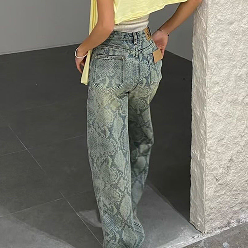 Damen nan hochgeschnittene Jeans mit Schlangenprint, weitem Bein und geradem Schnitt Shop Nory