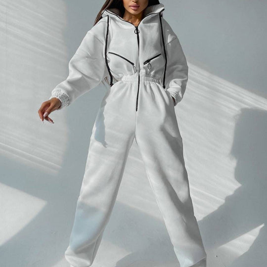 Damen taillierter Kapuzen-Jumpsuit mit elastischem Bund und markanten Kontrast-Reißverschlüssen Shop Nory