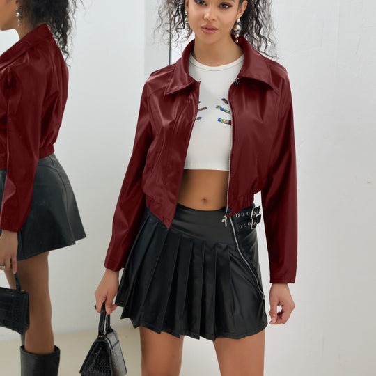 Damen Kurz geschnittene Kunstlederjacke mit Hemdkragen, Reißverschluss und elastischem Saum Shop Nory