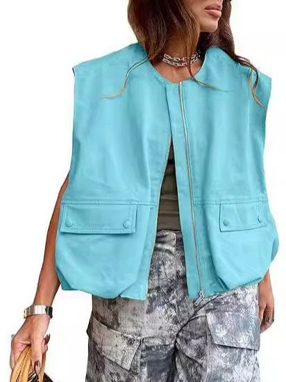 Damen Ärmellose utilitaristische Weste mit Reißverschluss und Pattentaschen Shop Nory
