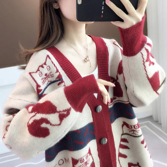 Damen Verspielte Cardigan mit Katzenmuster Shop Nory