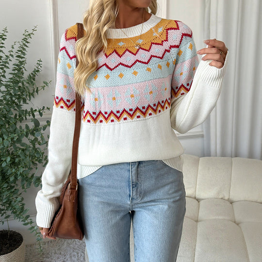 Damen Gemusterter Strickpullover mit Rundhalsausschnitt und Fair-Isle-Motiv Shop Nory