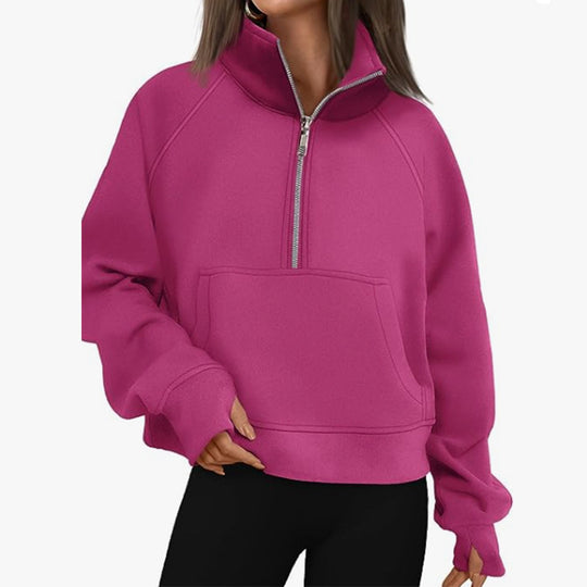 Damen nan oversized Halbzip Pullover mit Kängurutasche, Daumenlöchern und hohem Kragen Shop Nory