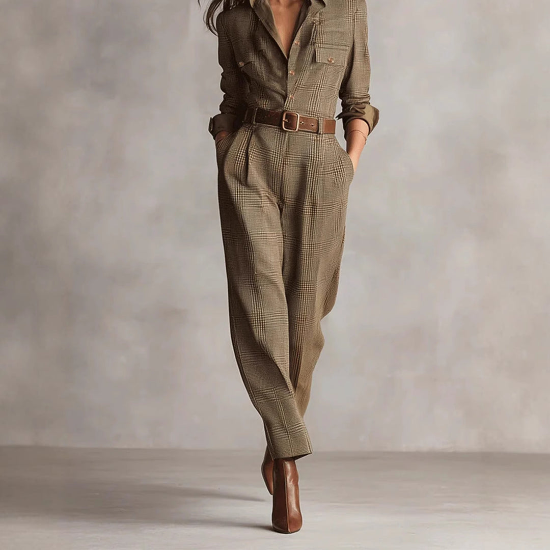 Damen kariertes tailliertes Overall mit Hemdkragen, Taillengürtel und Seitentaschen Shop Nory