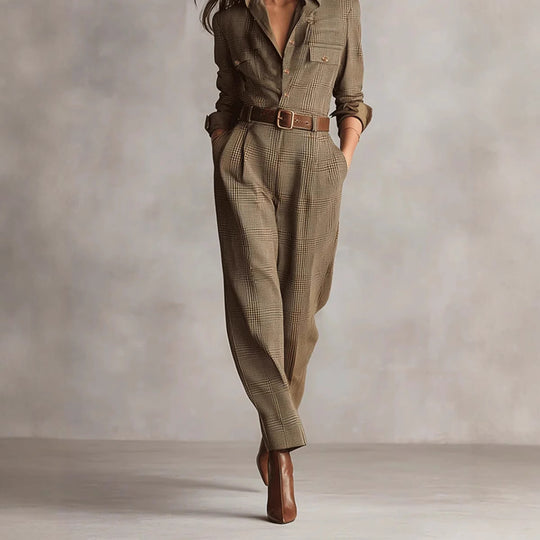 Damen kariertes tailliertes Overall mit Hemdkragen, Taillengürtel und Seitentaschen Shop Nory