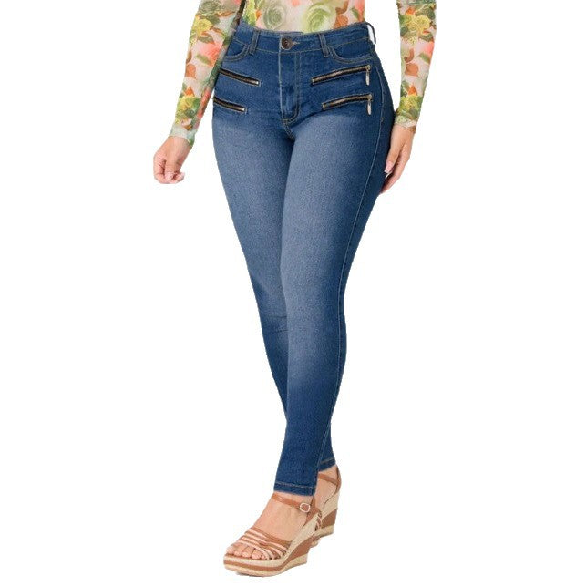 Damen Hochtaillierte Slim‑Fit Jeanshose mit dekorativen Frontreißverschlüssen Shop Nory