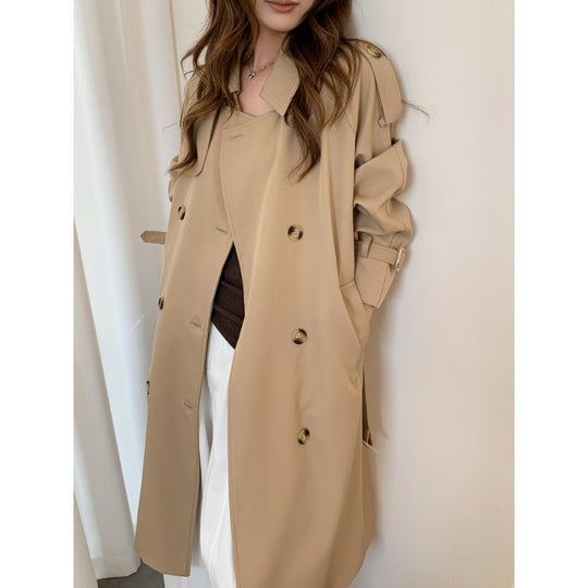 Damen langer doppelreihiger Trenchcoat mit Schulterklappen und Taillengürtel Shop Nory