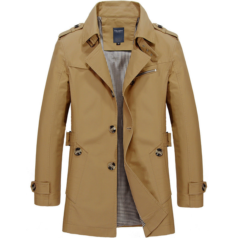 Herren Kurzer Doppelreihiger Trenchcoat mit Reverskragen, Schulterklappen und karierter Innenfütterung Shop Nory