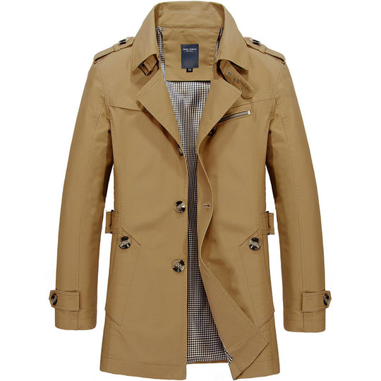 Herren Kurzer Doppelreihiger Trenchcoat mit Reverskragen, Schulterklappen und karierter Innenfütterung Shop Nory