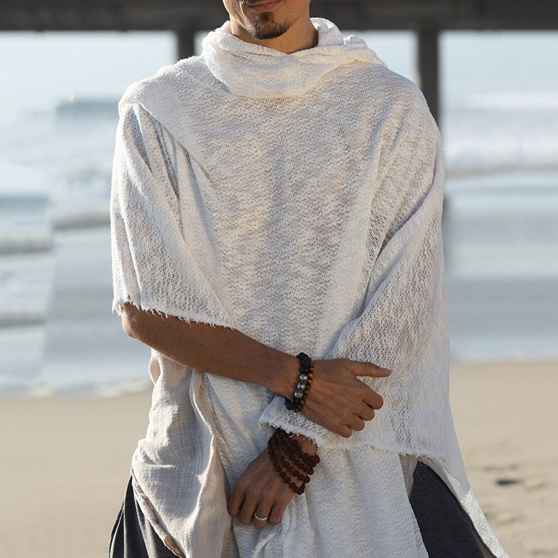 Herren Strand-Tunika aus luftigem Grobstrick mit Kapuze und Fransen Shop Nory