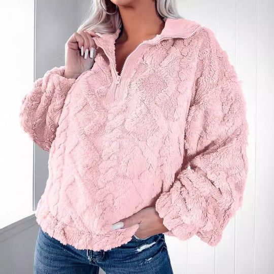 Damen nan Plüsch-Sherpa-Pullover mit halbem Reißverschluss, Stehkragen und oversized Silhouette Shop Nory