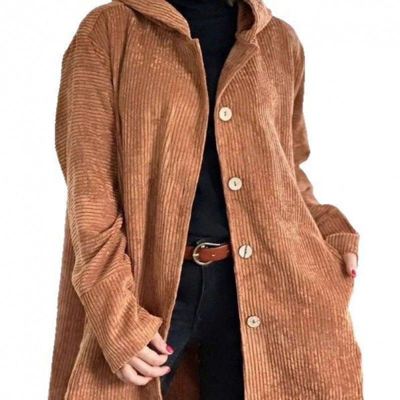 Damen Langer Kapuzen-Strickcardigan mit Rippenstruktur, Knopfleiste und Seitentaschen Shop Nory