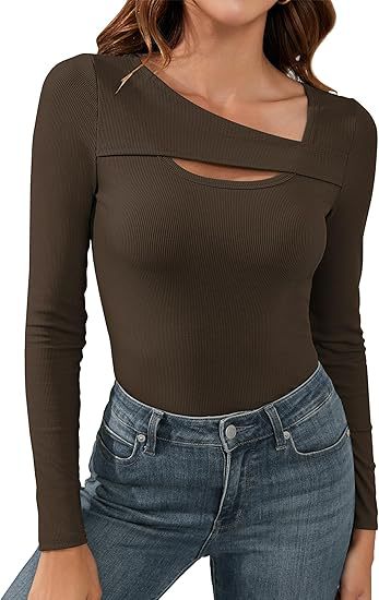 Damen Geripptes Langarmshirt mit asymmetrischem Carmenausschnitt und Brust-Cut-Out Shop Nory