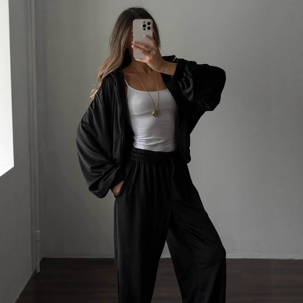 Damen lässiges Lounge-Zweiteiler Set mit Oversize Zipjacke und weitem Bundhose Shop Nory