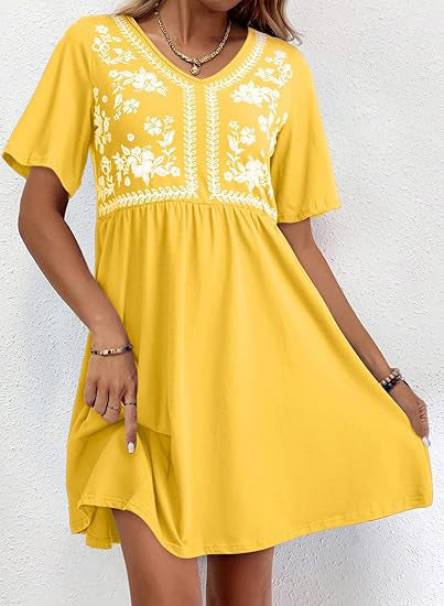 Damen Besticktes Empire-Kleid mit V-Ausschnitt, Kurzärmeln und ausgestelltem Rock Shop Nory