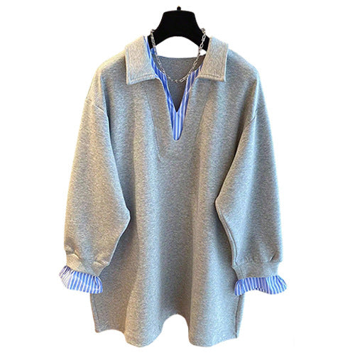 Damen Oversized Sweatshirt mit Hemdkragen-Optik und gestreiften Manschetten Shop Nory