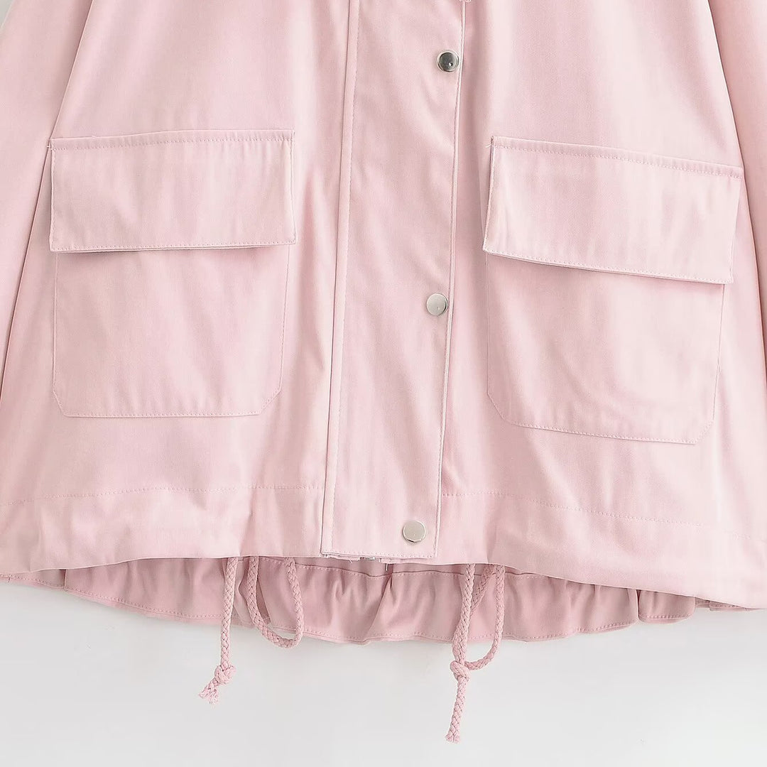 Damen Kurze wasserabweisende Kapuzenjacke mit Tunnelzug, Druckknopfleiste und Pattentaschen Shop Nory