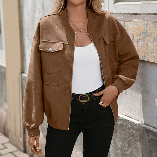 Damen Oversize Wildlederoptik-Bomberjacke mit Brustklappen und Reißverschluss Shop Nory