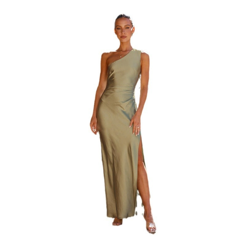 Damen Maxikleid mit asymmetrischem Design und elegantem Satin-Finish