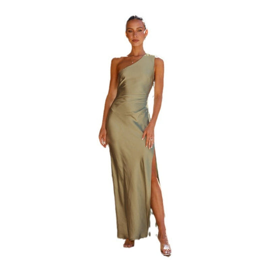 Damen Maxikleid mit asymmetrischem Design und elegantem Satin-Finish