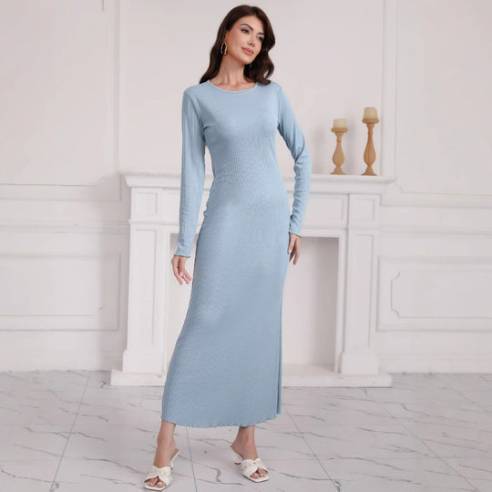 Damen Langes geripptes Bodycon-Maxikleid mit Rundhals & langen Ärmeln Shop Nory