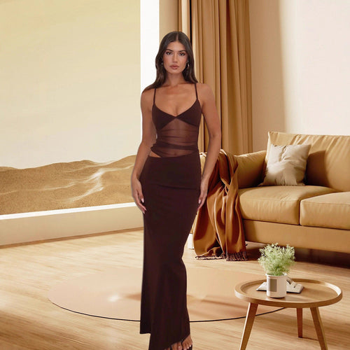 Damen Elegantes Stretch-Maxikleid mit transparenten Einsätzen und spaghetti Trägern