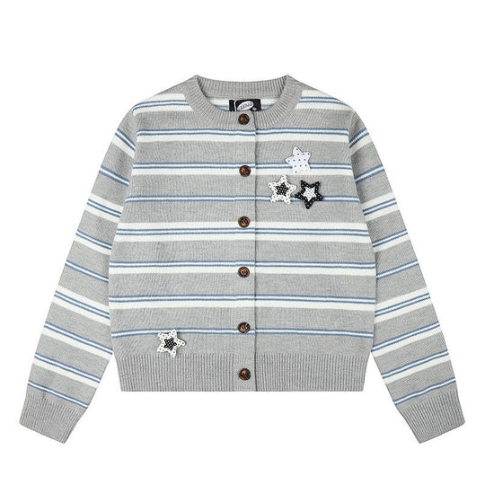 Damen Gestreifte Strick-Cardigan mit Knopfleiste und Stern-Applikationen Shop Nory