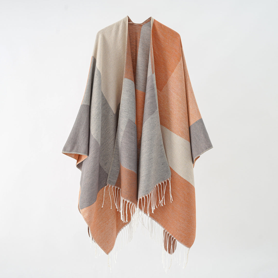 Damen Großer Wolloptik-Poncho mit geometrischem Blockmuster und Fransensaum Shop Nory