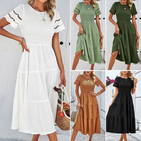 Damen Midikleid mit Puffärmeln und Elastischem Oberteil