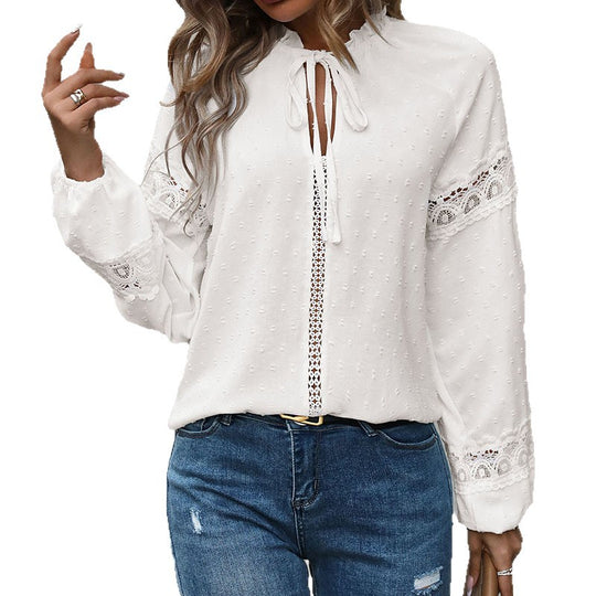 Damen Verspielte Rüschenbluse mit Spitzenakzenten Shop Nory